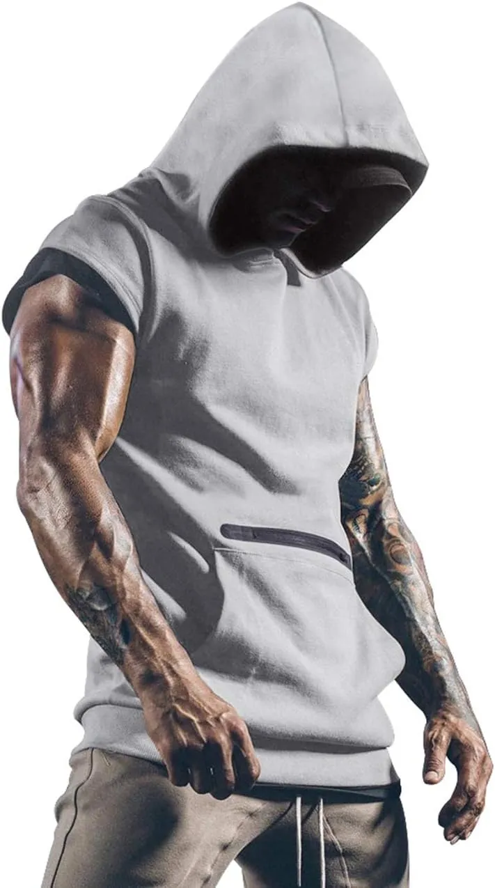 Poriff Mens Workout Tank Tops with Hood Sleeveless Gym t-Shirt Muscles Tees Athletic Pockets