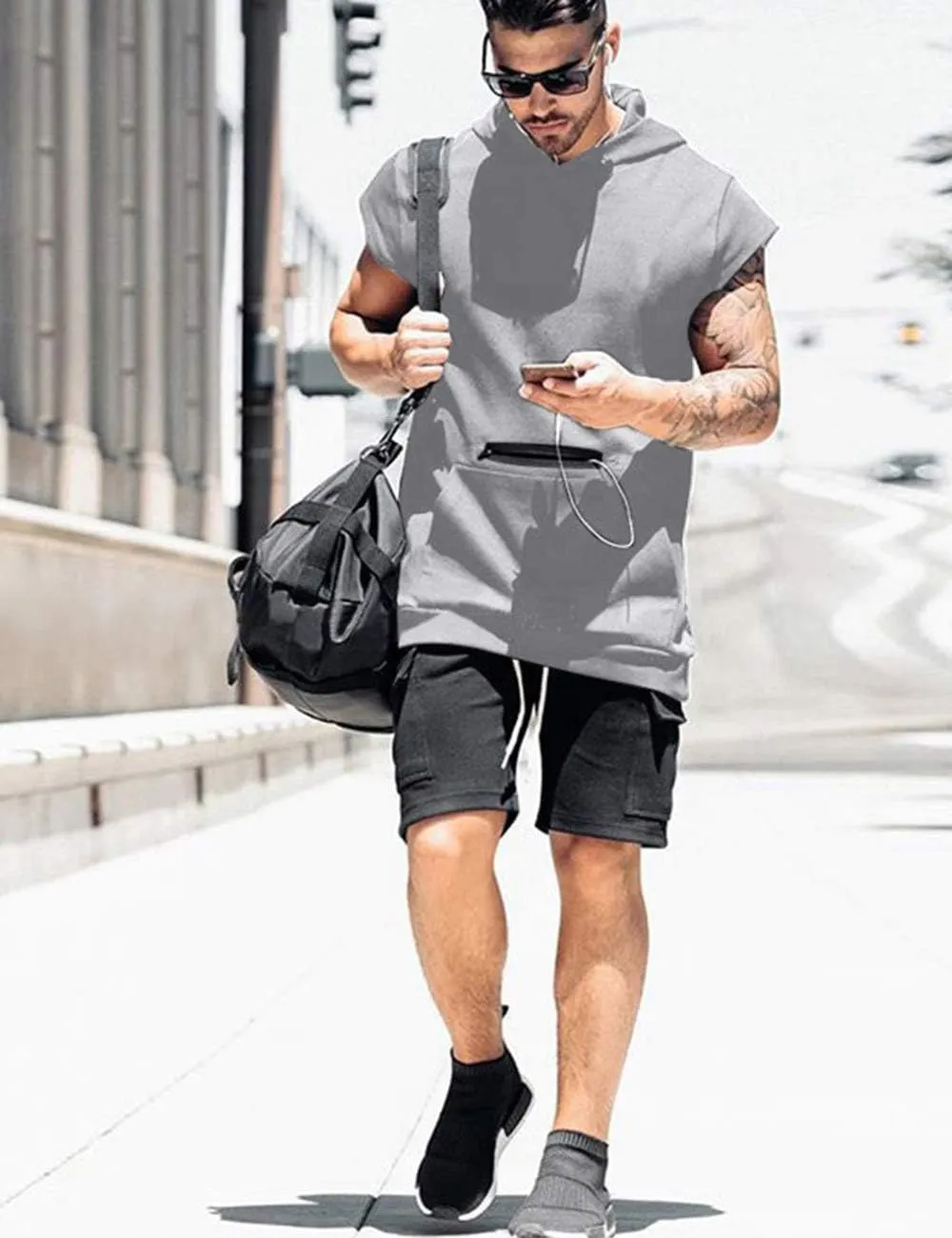 Poriff Mens Workout Tank Tops with Hood Sleeveless Gym t-Shirt Muscles Tees Athletic Pockets