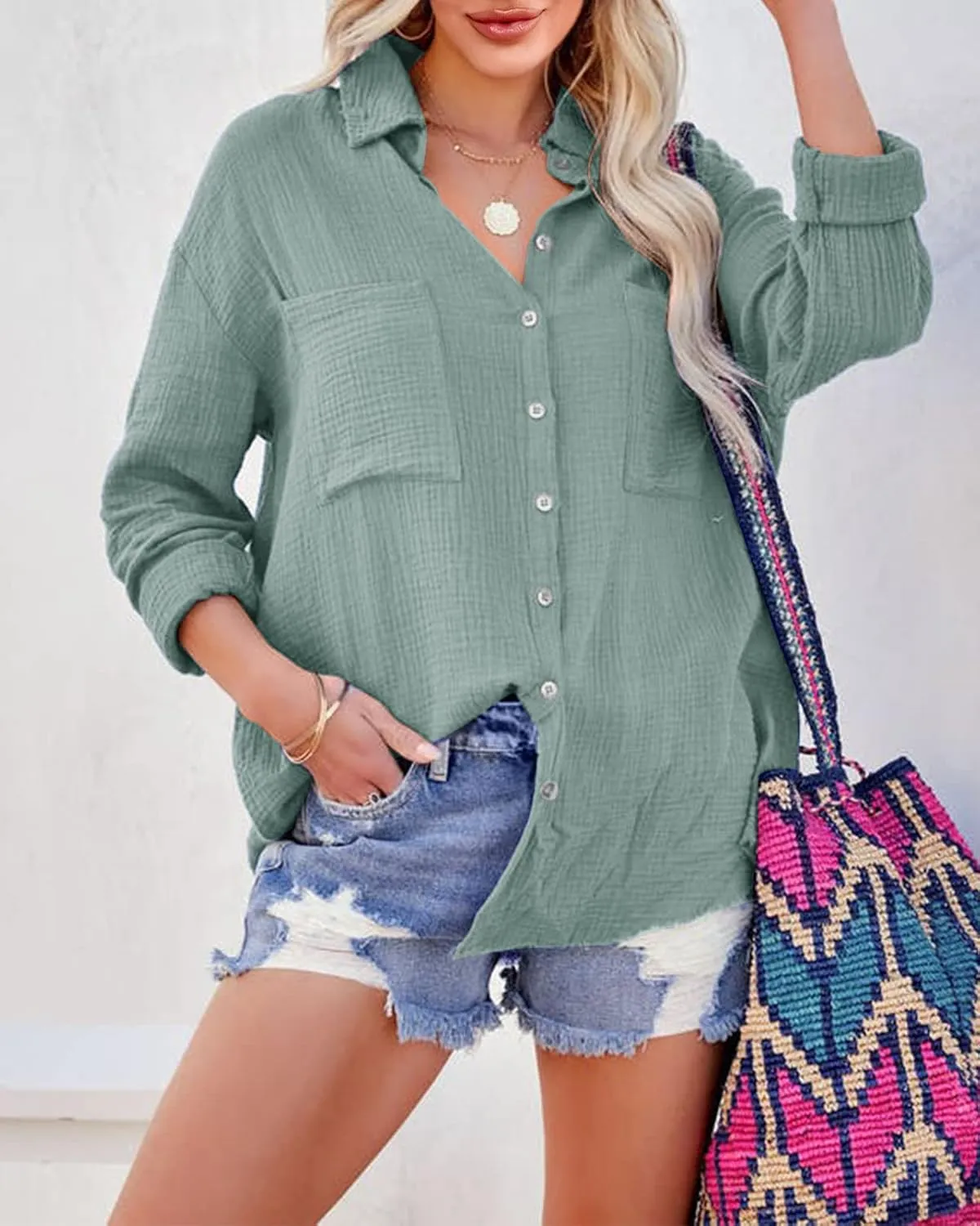 Saudacdn Women Button Down Shirts V Neck Blouse Long Roll Up Cuffed Sleeve Pocket Casual Boyfriend Cotton Tops