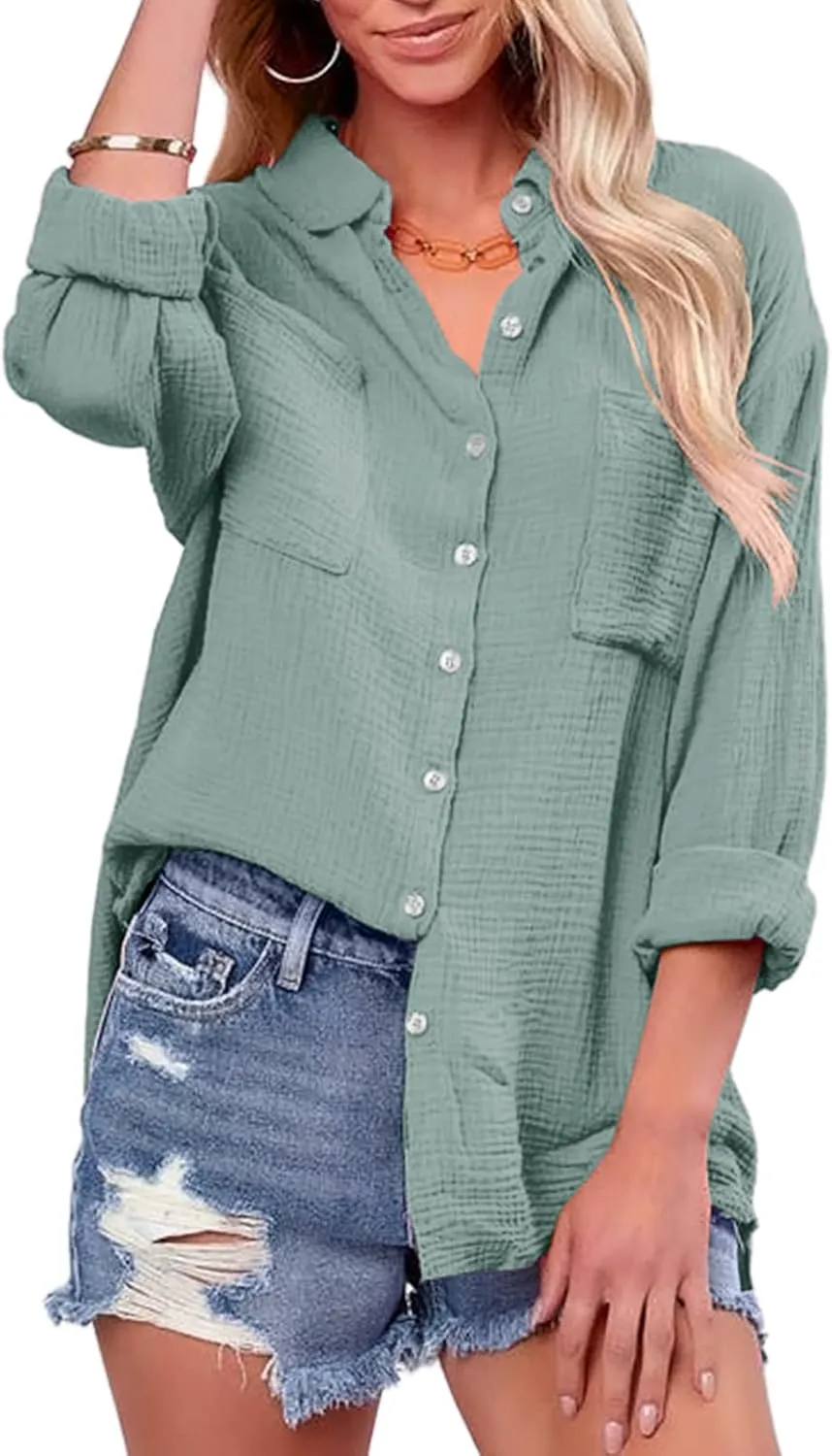 Saudacdn Women Button Down Shirts V Neck Blouse Long Roll Up Cuffed Sleeve Pocket Casual Boyfriend Cotton Tops