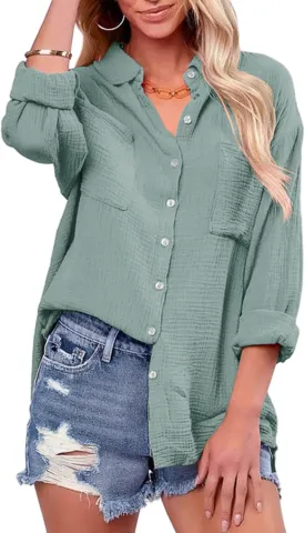 Saudacdn Women Button Down Shirts V Neck Blouse Long Roll Up Cuffed Sleeve Pocket Casual Boyfriend Cotton Tops