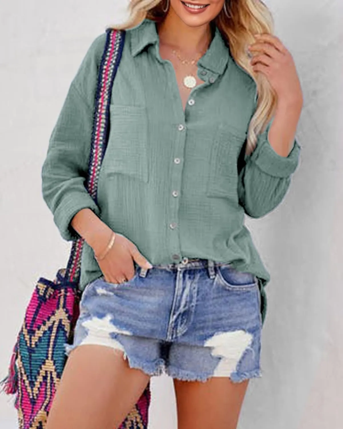 Saudacdn Women Button Down Shirts V Neck Blouse Long Roll Up Cuffed Sleeve Pocket Casual Boyfriend Cotton Tops