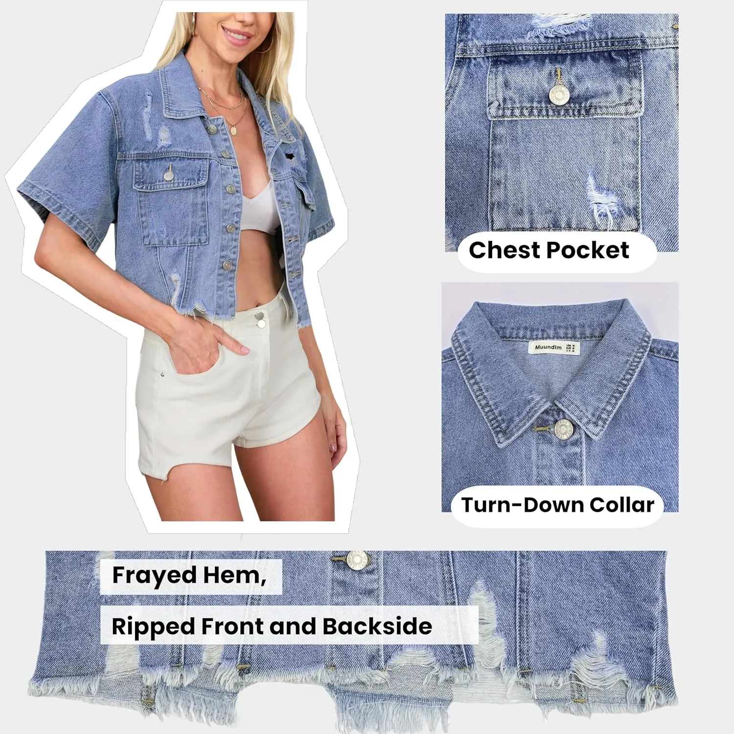 Short Sleeve Jean Jacket for Women Cropped Distressed Jackets Plus Size Denim Top with Frayed Hem
