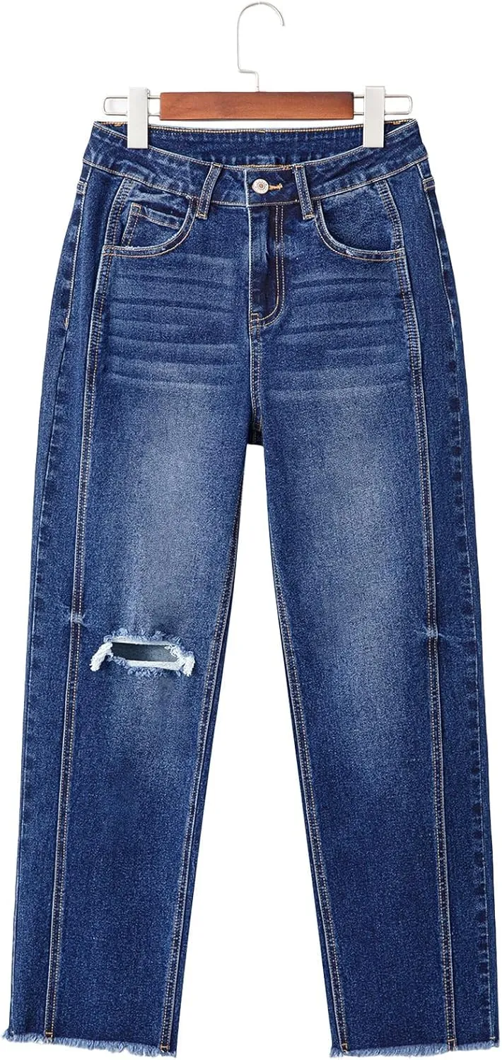 Sidefeel Women's High Waisted Boyfriend Jeans Trendy Ripped Straight Leg Raw Hem Stretchy Ankle Denim Pants