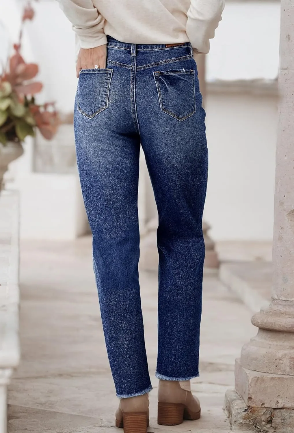 Sidefeel Women's High Waisted Boyfriend Jeans Trendy Ripped Straight Leg Raw Hem Stretchy Ankle Denim Pants