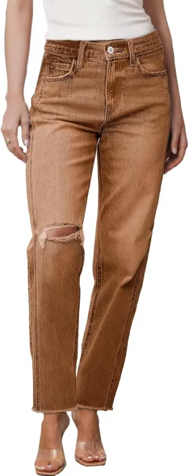Sidefeel Women's High Waisted Boyfriend Jeans Trendy Ripped Straight Leg Raw Hem Stretchy Ankle Denim Pants