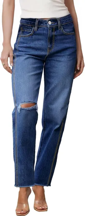 Sidefeel Women's High Waisted Boyfriend Jeans Trendy Ripped Straight Leg Raw Hem Stretchy Ankle Denim Pants