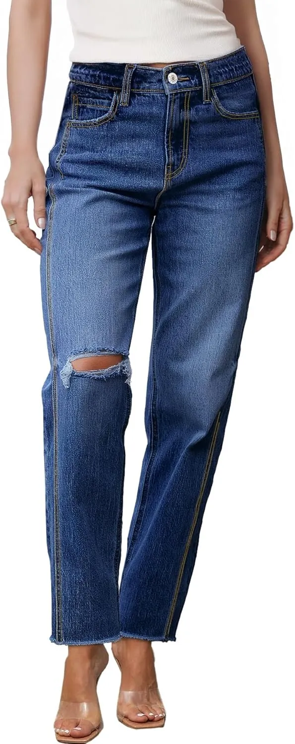Sidefeel Women's High Waisted Boyfriend Jeans Trendy Ripped Straight Leg Raw Hem Stretchy Ankle Denim Pants