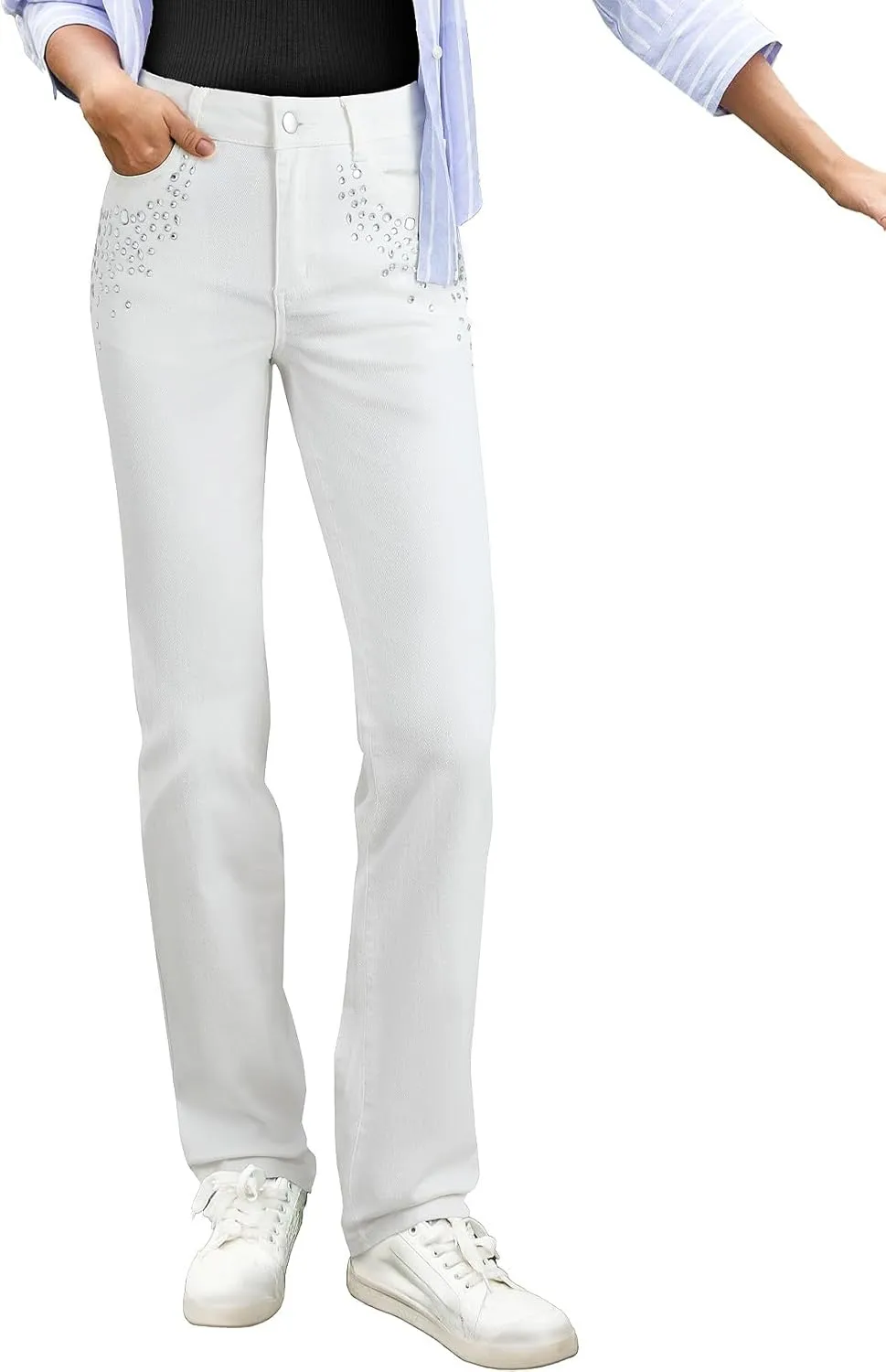 Sidefeel Women's Straight Leg Jeans High Waisted Stretchy Rhinestone Wide Leg Denim Pants