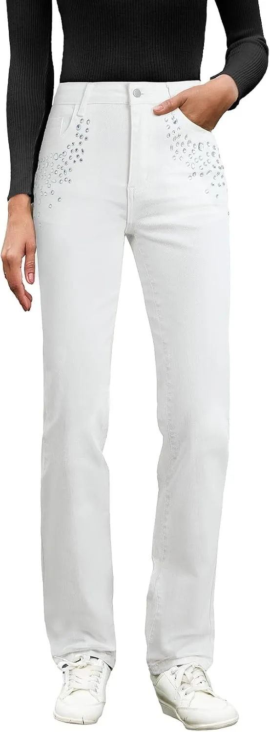 Sidefeel Women's Straight Leg Jeans High Waisted Stretchy Rhinestone Wide Leg Denim Pants