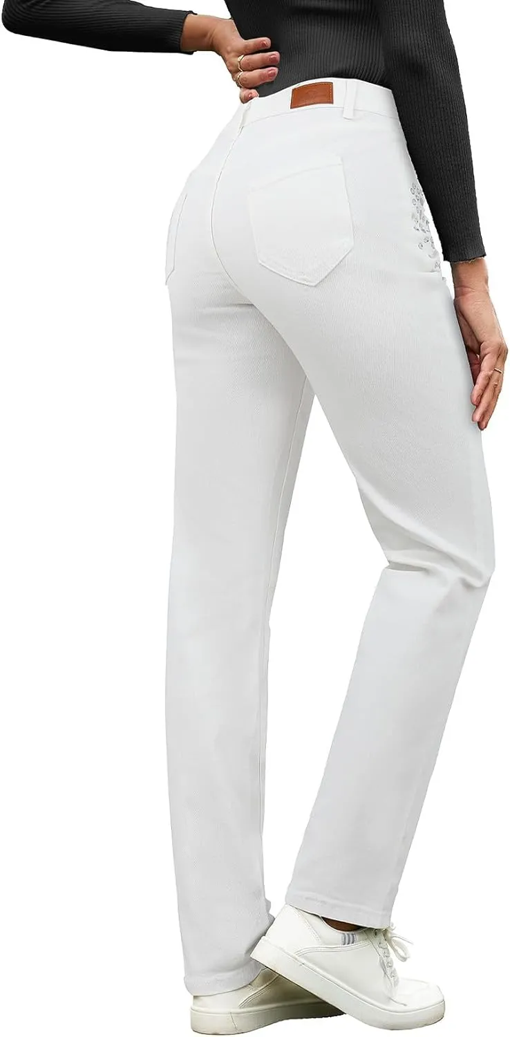 Sidefeel Women's Straight Leg Jeans High Waisted Stretchy Rhinestone Wide Leg Denim Pants