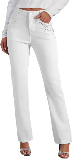 Sidefeel Women's Straight Leg Jeans High Waisted Stretchy Rhinestone Wide Leg Denim Pants