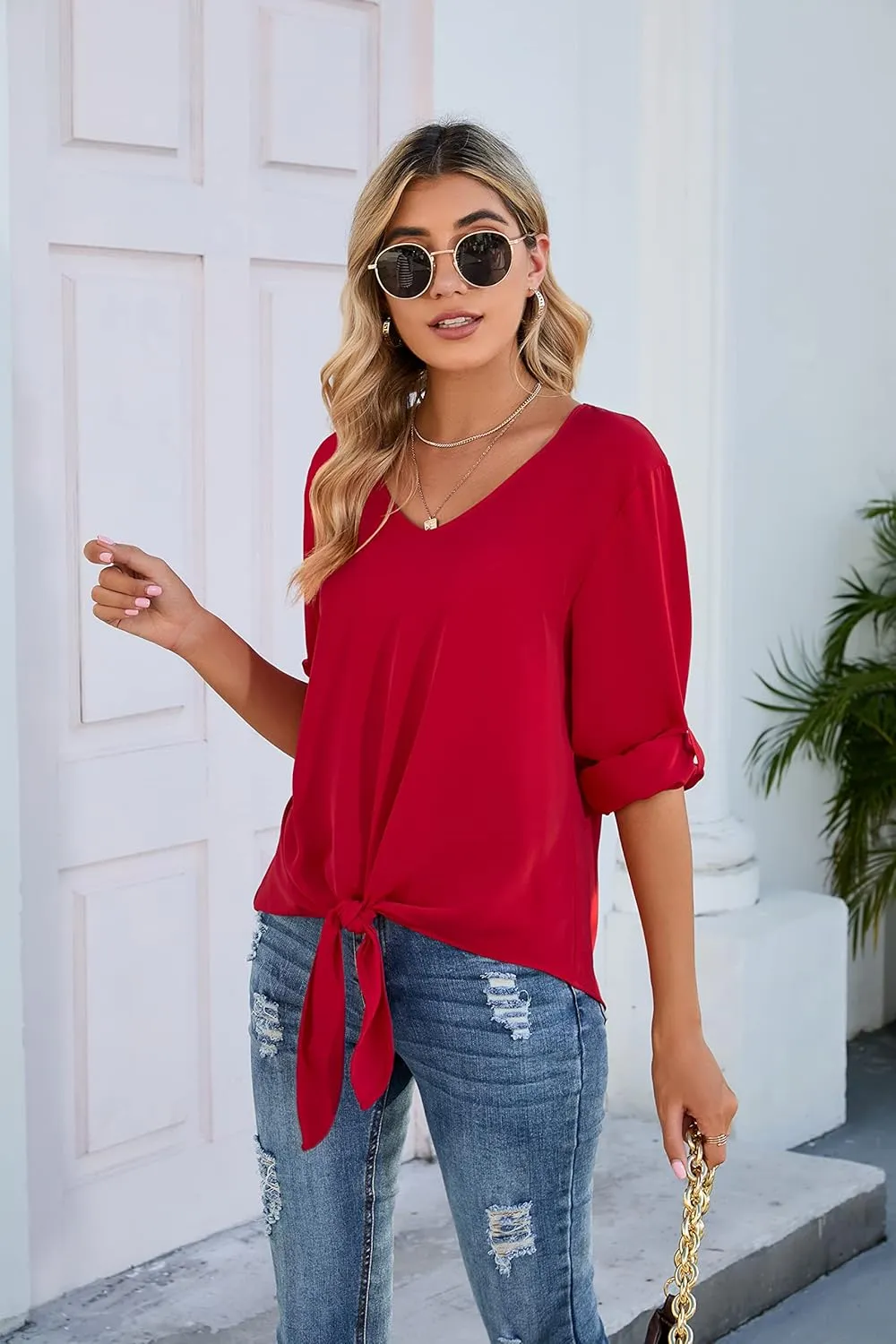 SUEANI Women's Tie Front Tops Roll Up Sleeve V Neck Chiffon Blouse Casual Work Shirt
