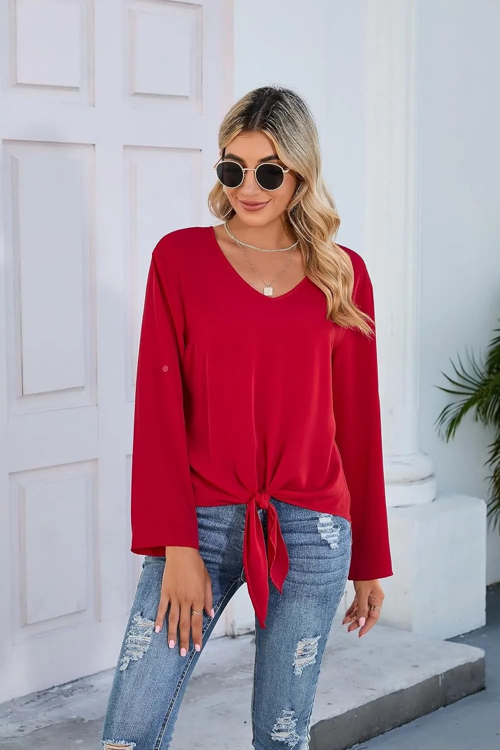 SUEANI Women's Tie Front Tops Roll Up Sleeve V Neck Chiffon Blouse Casual Work Shirt