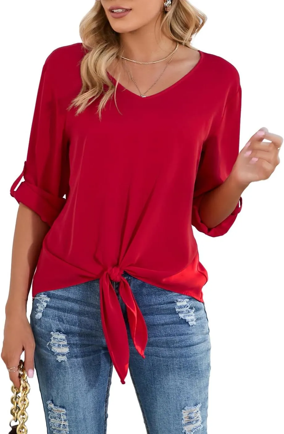 SUEANI Women's Tie Front Tops Roll Up Sleeve V Neck Chiffon Blouse Casual Work Shirt