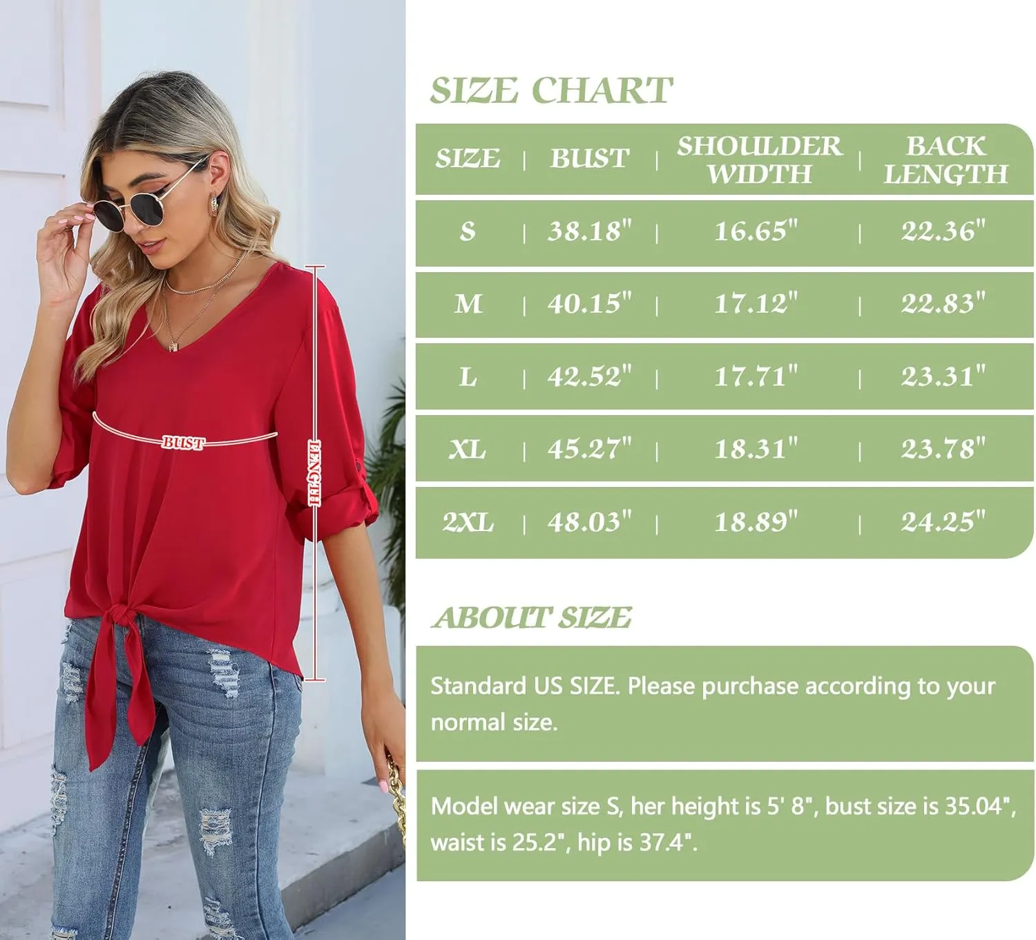 SUEANI Women's Tie Front Tops Roll Up Sleeve V Neck Chiffon Blouse Casual Work Shirt