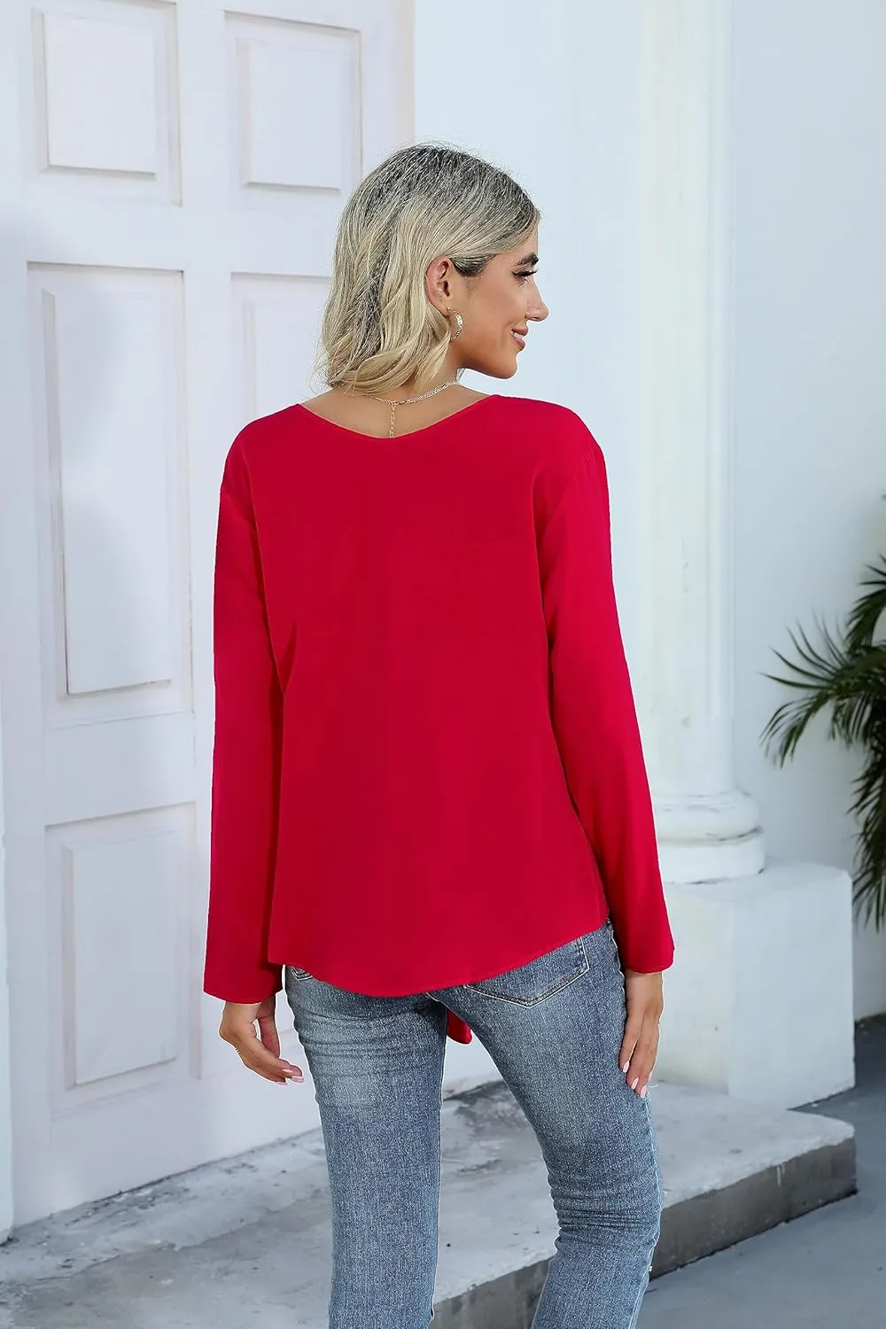 SUEANI Women's Tie Front Tops Roll Up Sleeve V Neck Chiffon Blouse Casual Work Shirt