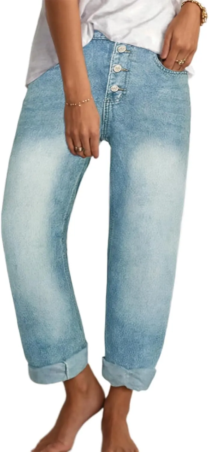 Women's Baggy Ankle Button Fly Jeans Casual Loose Straight Leg Button Cropped Cute Denim Pants