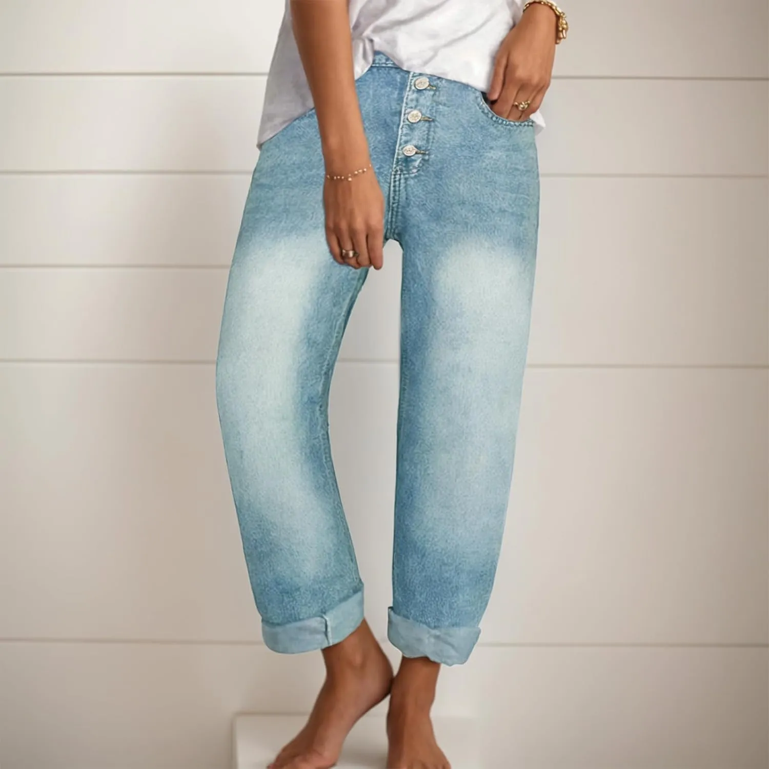Women's Baggy Ankle Button Fly Jeans Casual Loose Straight Leg Button Cropped Cute Denim Pants