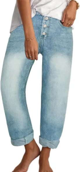 Women's Baggy Ankle Button Fly Jeans Casual Loose Straight Leg Button Cropped Cute Denim Pants