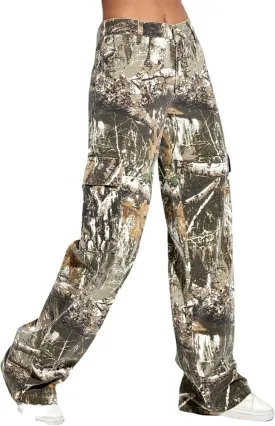 Women's Camo Cargo Pants High Waist Baggy Wide Leg Camouflage Army Fatigue Slim Fit Pockets Joggers Sweatpants