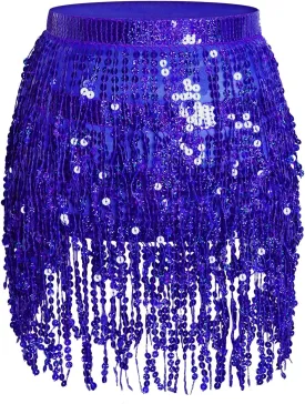 Women's Sequin Fringe Wrap Skirt Adjustable Belly Dance Skirt Fringe Wrap Dress Sequin Skirts for Ladies