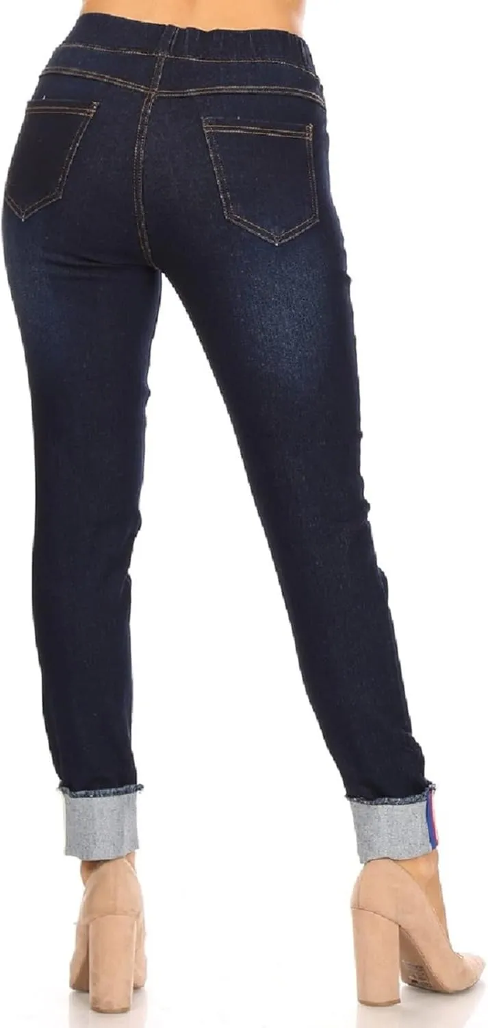 Women's Skinny Elastic Pull On Jeans Frayed Hem Roll Cuff Ripped Distressed Denim Jeggings Regular - Plus Size