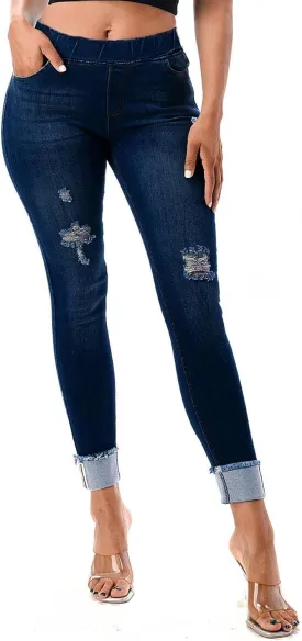Women's Skinny Elastic Pull On Jeans Frayed Hem Roll Cuff Ripped Distressed Denim Jeggings Regular - Plus Size