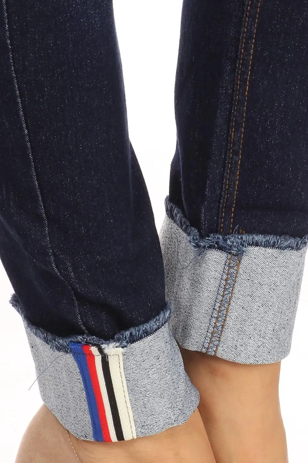 Women's Skinny Elastic Pull On Jeans Frayed Hem Roll Cuff Ripped Distressed Denim Jeggings Regular - Plus Size