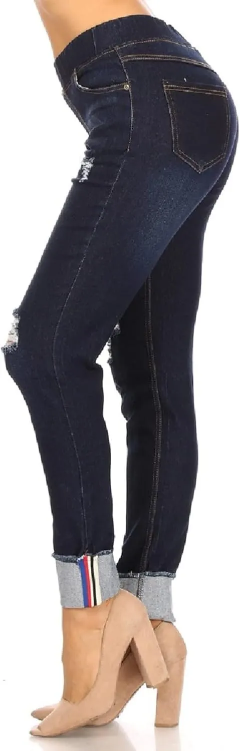 Women's Skinny Elastic Pull On Jeans Frayed Hem Roll Cuff Ripped Distressed Denim Jeggings Regular - Plus Size