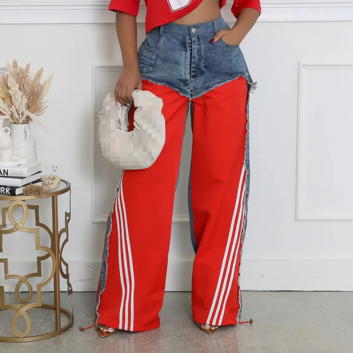 Womens Straight Leg Jeans High Waist Patchwork Stripes Loose Denim Pants Color Block Baggy Jeans