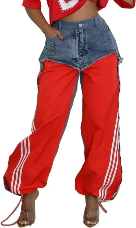Womens Straight Leg Jeans High Waist Patchwork Stripes Loose Denim Pants Color Block Baggy Jeans