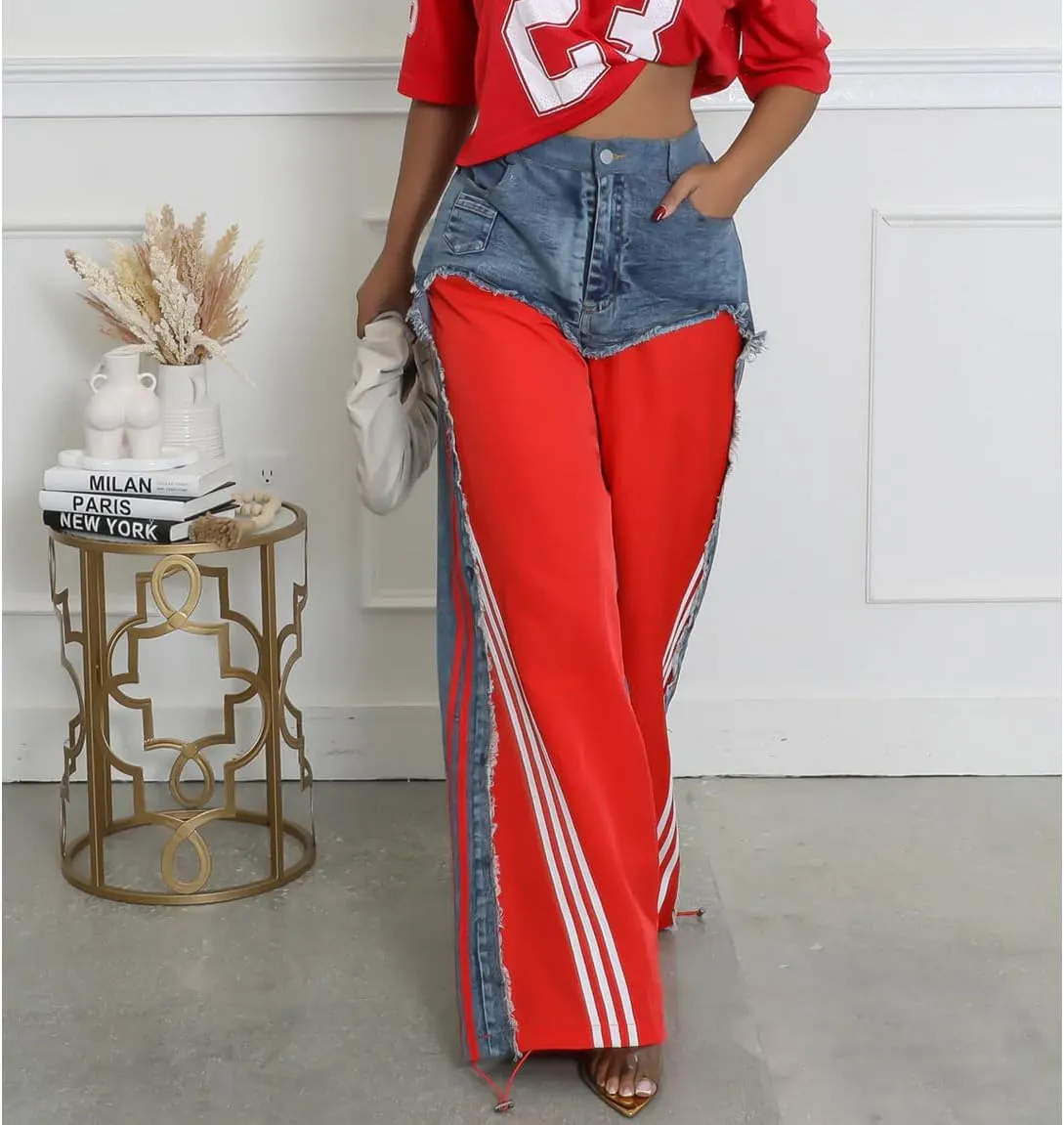 Womens Straight Leg Jeans High Waist Patchwork Stripes Loose Denim Pants Color Block Baggy Jeans