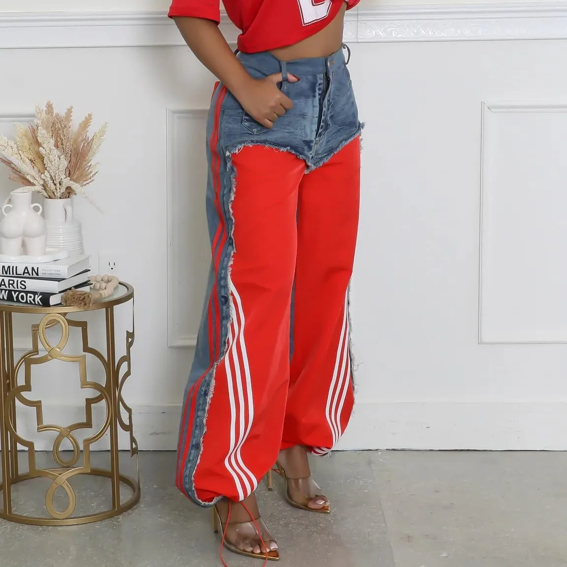 Womens Straight Leg Jeans High Waist Patchwork Stripes Loose Denim Pants Color Block Baggy Jeans