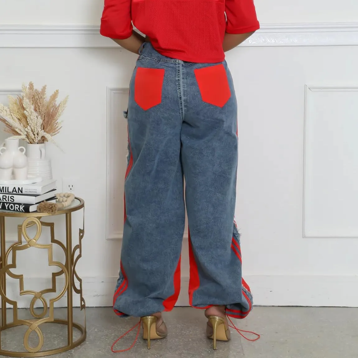 Womens Straight Leg Jeans High Waist Patchwork Stripes Loose Denim Pants Color Block Baggy Jeans
