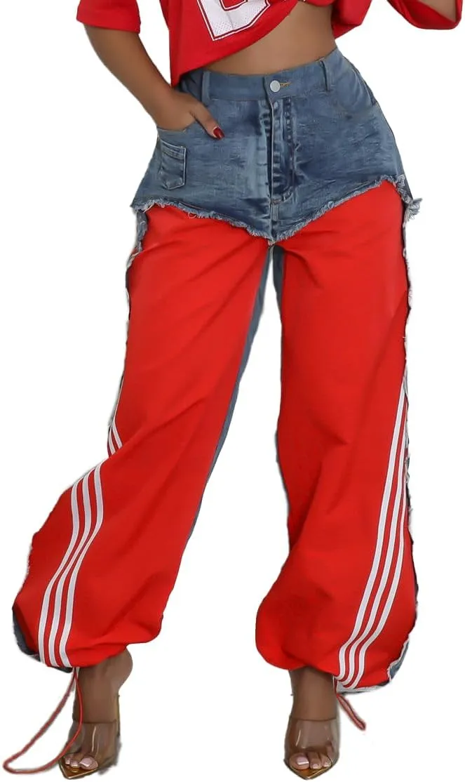 Womens Straight Leg Jeans High Waist Patchwork Stripes Loose Denim Pants Color Block Baggy Jeans