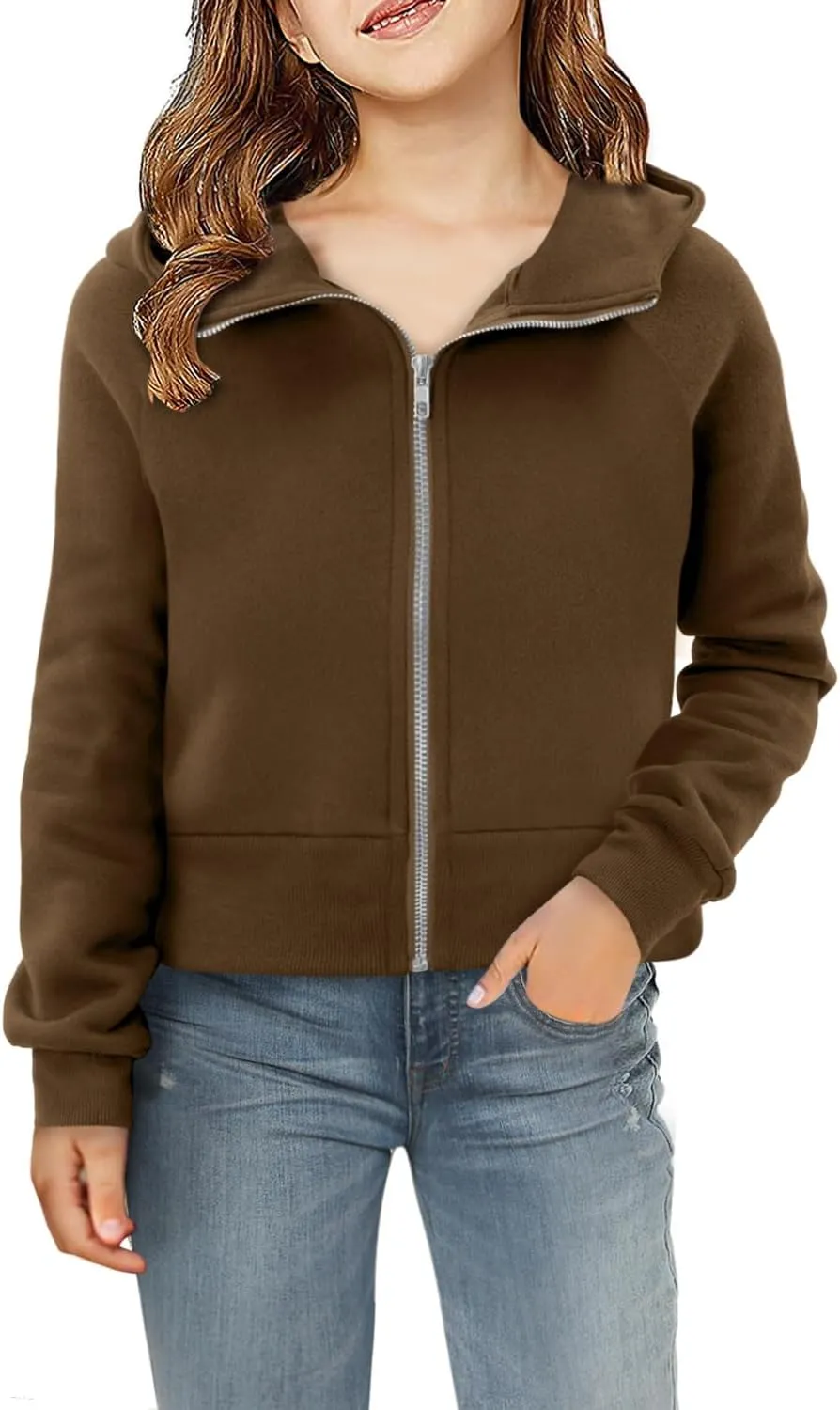 Yoklass Girls Zip Up Hoodie Croppred Sweatshirts Casual Long Sleeve Thumb Hole Jacket 4-13 Years