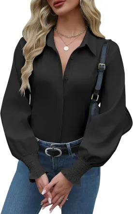 Zeagoo Womens Button Down Shirts Smocked Cuffed Blouses Printed Lantern Shirt Long Sleeve Tops Casual Collar Business Fashion