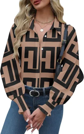 Zeagoo Womens Button Down Shirts Smocked Cuffed Blouses Printed Lantern Shirt Long Sleeve Tops Casual Collar Business Fashion