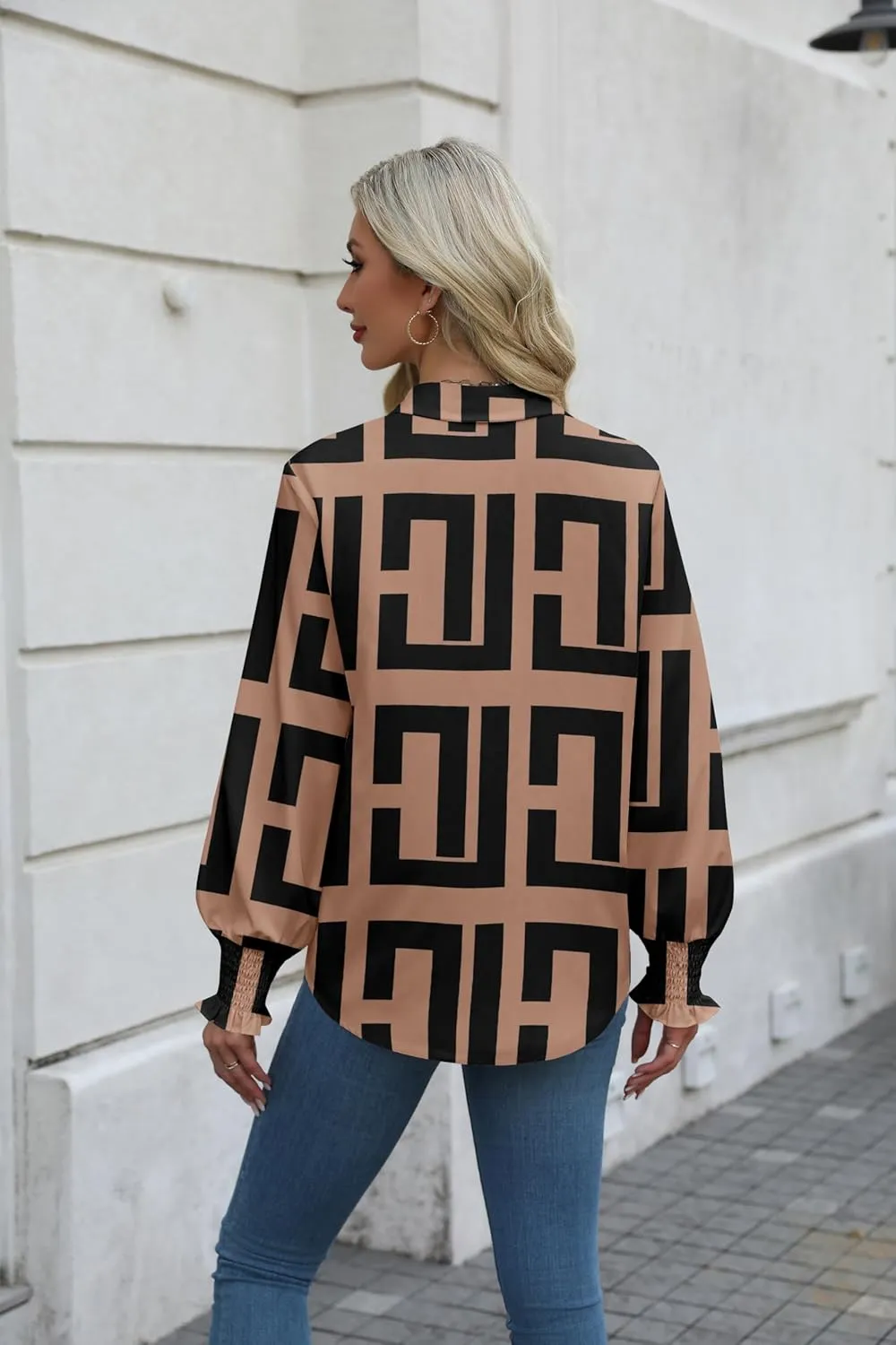 Zeagoo Womens Button Down Shirts Smocked Cuffed Blouses Printed Lantern Shirt Long Sleeve Tops Casual Collar Business Fashion