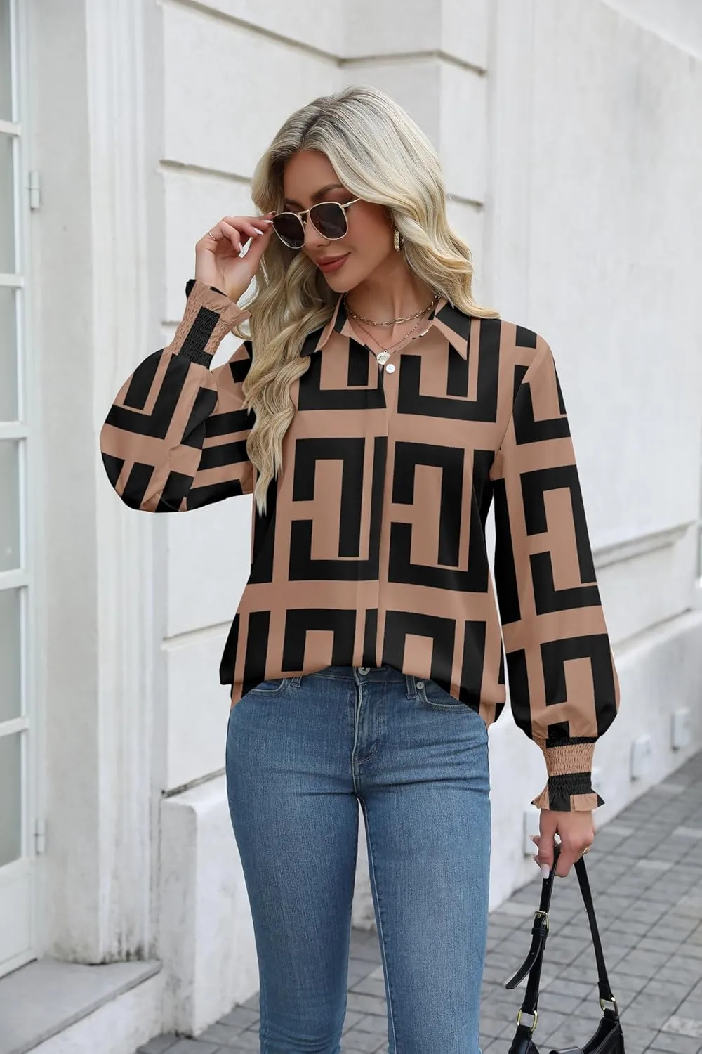 Zeagoo Womens Button Down Shirts Smocked Cuffed Blouses Printed Lantern Shirt Long Sleeve Tops Casual Collar Business Fashion