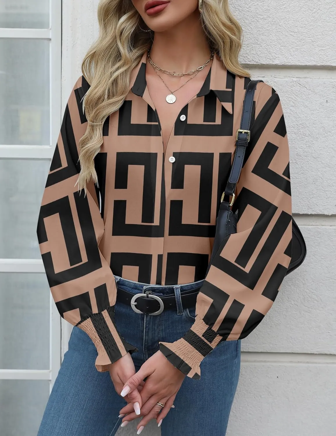 Zeagoo Womens Button Down Shirts Smocked Cuffed Blouses Printed Lantern Shirt Long Sleeve Tops Casual Collar Business Fashion