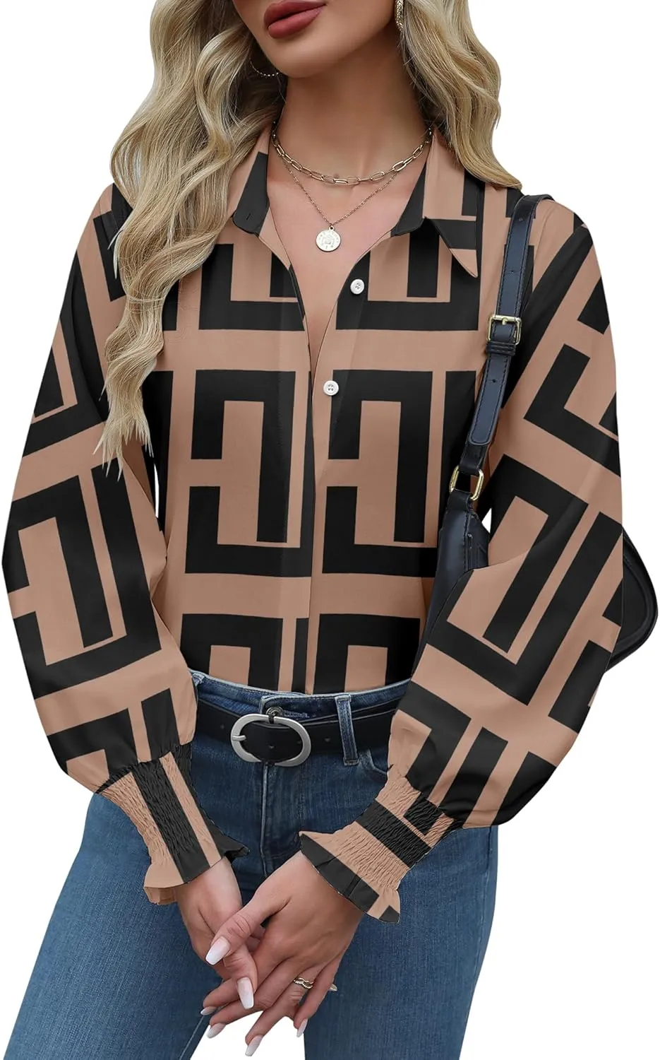 Zeagoo Womens Button Down Shirts Smocked Cuffed Blouses Printed Lantern Shirt Long Sleeve Tops Casual Collar Business Fashion