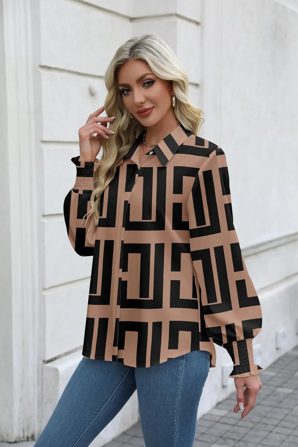 Zeagoo Womens Button Down Shirts Smocked Cuffed Blouses Printed Lantern Shirt Long Sleeve Tops Casual Collar Business Fashion